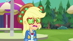 Size: 1920x1080 | Tagged: safe, screencap, applejack, accountibilibuddies, accountibilibuddies: snips, better together, choose your own ending, equestria girls, applejack's festival hat, applejack's sunglasses, clothes, cowboy hat, eye twitch, faic, hat, jacket, shocked, solo, stetson, stunned, table