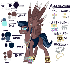 Size: 2561x2341 | Tagged: safe, artist:mcwolfity, oc, oc only, pegasus, pony, bracelet, ear piercing, jewelry, male, necklace, pegasus oc, piercing, reference sheet, simple background, smiling, smirk, solo, stallion, text, transparent background, wings