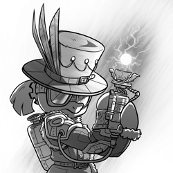Size: 3000x3000 | Tagged: safe, artist:petirep, derpibooru import, oc, oc only, oc:master engineer chet, pony, black and white, buck legacy, card art, clothes, coat, female, goggles, grayscale, gun, hat, mare, monochrome, ponytail, steampunk, top hat, weapon