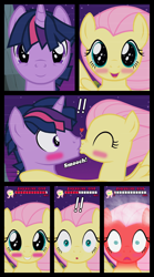 Size: 1280x2300 | Tagged: safe, artist:bigsnusnu, derpibooru import, dusk shine, fluttershy, twilight sparkle, pegasus, pony, unicorn, comic:dusk shine in pursuit of happiness, blushing, blushing profusely, comic, duskshy, female, half r63 shipping, male, mare, rule 63, shipping, stallion, straight, this will end in fainting, twishy, unicorn dusk shine