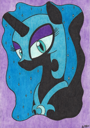 Size: 2473x3495 | Tagged: safe, artist:aracage, derpibooru import, nightmare moon, alicorn, pony, abstract background, armor, bust, female, helmet, lidded eyes, looking at you, mare, solo, traditional art, unamused