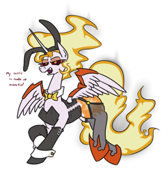 Size: 1035x1050 | Tagged: safe, artist:jargon scott, daybreaker, alicorn, pony, asbestos, bunny ears, bunny suit, clothes, cuffs (clothes), dialogue, poor life choices, simple background, smoke, solo, this will end in cancer, this will end in mesothelioma, white background