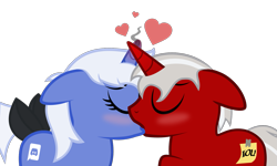 Size: 1527x917 | Tagged: safe, artist:hazy skies, oc, oc:blank check, pony, unicorn, blushing, discord (program), eyes closed, female, heart, kissing, male, ponified, shipping, straight, vector