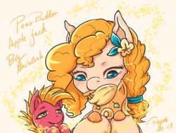 Size: 1024x768 | Tagged: safe, artist:roya, applejack, big macintosh, pear butter, earth pony, pony, baby, babyjack, colt big macintosh, cute, female, flower, flower in hair, foal, jackabetes, macabetes, male, mare, mother and child, mother and daughter, mother and son, pacifier, parent and child, pearabetes, pixiv, younger