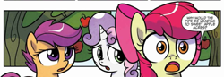 Size: 1010x348 | Tagged: safe, artist:agnesgarbowska, derpibooru import, idw, apple bloom, scootaloo, sweetie belle, earth pony, pegasus, pony, unicorn, spoiler:comic, spoiler:comicponyvillemysteries4, cutie mark crusaders, female, filly, official comic, ponyville mysteries, speech bubble