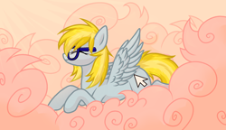 Size: 2160x1245 | Tagged: safe, alternate version, artist:alfury, oc, oc only, oc:cloud cuddler, pegasus, pony, base used, cloud, cutie mark, female, glasses, lying down, mouse cursor, solo, ych result