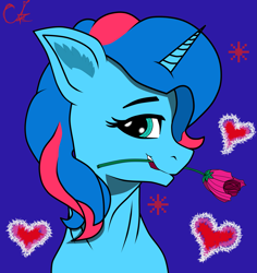 Size: 2785x2953 | Tagged: safe, artist:keshakadens, oc, oc:paradise sparkle, pony, unicorn, abstract background, bust, female, flower, flower in mouth, heart, mare, rose, rose in mouth, solo