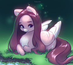 Size: 1949x1713 | Tagged: safe, artist:katputze, oc, oc only, pegasus, pony, chest fluff, coat markings, cute, female, grass, looking at you, mare, outdoors, pale belly, prone, solo, water