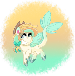 Size: 1297x1317 | Tagged: safe, artist:missmele-madness, oc, oc only, oc:seabreeze serenade, hybrid, seapony (g4), my little pony: pony life, bedroom eyes, bow, commission, cowboy hat, female, grin, hair bow, hat, mare, multicolored hair, raised hoof, raised leg, simple background, smiling, solo, transparent background, trotting, unshorn fetlocks