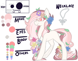 Size: 2764x2169 | Tagged: safe, artist:mcwolfity, oc, oc only, earth pony, pony, earth pony oc, eye clipping through hair, female, floral head wreath, flower, flower in hair, jewelry, mare, necklace, reference sheet, simple background, smiling, solo, text, transparent background