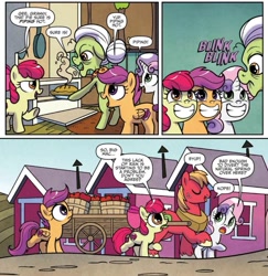 Size: 977x1005 | Tagged: safe, artist:agnesgarbowska, derpibooru import, idw, apple bloom, big macintosh, granny smith, scootaloo, sweetie belle, earth pony, pegasus, pony, unicorn, spoiler:comic, spoiler:comicponyvillemysteries4, apple, cart, comic, cutie mark crusaders, female, filly, food, male, mare, official comic, pie, ponyville mysteries, stallion