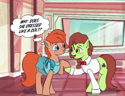 Size: 1867x1439 | Tagged: safe, artist:drafthoof, artist:vedont, edit, oc, oc only, oc:oil drop, oc:rusty gears, earth pony, pony, bow, bowtie, clothes, dancing, dress, engrish, necktie, shirt