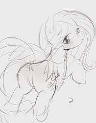 Size: 1023x1306 | Tagged: safe, artist:manachaaaaaaaa, fluttershy, pegasus, pony, female, looking at you, looking back, looking back at you, mare, monochrome, solo