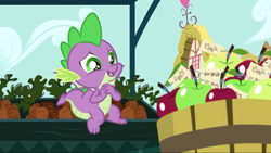 Size: 1280x720 | Tagged: safe, screencap, spike, dragon, the big mac question, apple, claws, cute, fangs, food, ponyville, spikabetes, tail, winged spike, wings