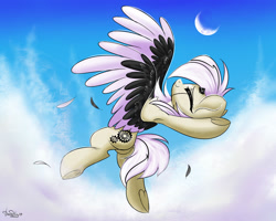 Size: 2000x1600 | Tagged: safe, artist:hydrargyrum, oc, oc only, pegasus, pony, armpits, cloud, colored wings, dancing, eyes closed, feather, female, flying, mare, moon, multicolored wings, solo, underhoof, wings