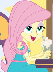 Size: 711x954 | Tagged: safe, screencap, fluttershy, better together, equestria girls, holidays unwrapped, beverage, canterlot mall, chair, clothes, cropped, cute, dashing through the mall, dress, drink, female, flower, geode of fauna, jewelry, lidded eyes, looking up, magical geodes, mall, necklace, shyabetes, sitting, smiling, straw, table, waistband