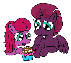 Size: 1217x1080 | Tagged: safe, artist:徐詩珮, derpibooru import, fizzlepop berrytwist, tempest shadow, oc, oc:betty pop, alicorn, unicorn, alicornified, cupcake, female, filly, food, magical lesbian spawn, mother and child, mother and daughter, next generation, offspring, parent and child, parent:glitter drops, parent:tempest shadow, parents:glittershadow, race swap, simple background, transparent background