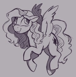 Size: 566x573 | Tagged: safe, artist:crimmharmony, oc, oc:crimm harmony, pegasus, pony, blushing, cute, female, flying, gray background, grayscale, looking up, mare, monochrome, ponysona, simple background, sketch, solo, spread wings, wings