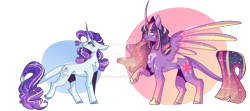 Size: 1600x711 | Tagged: safe, alternate version, artist:akiiichaos, rarity, twilight sparkle, twilight sparkle (alicorn), alicorn, pony, unicorn, curved horn, deviantart watermark, glasses, horn, obtrusive watermark, watermark