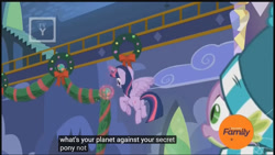 Size: 1366x768 | Tagged: safe, derpibooru import, edit, edited screencap, screencap, spike, twilight sparkle, twilight sparkle (alicorn), alicorn, dragon, best gift ever, caption, decoration, meme, twilight's castle, youtube caption