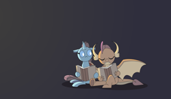 Size: 4182x2420 | Tagged: safe, artist:gd_inuk, ocellus, smolder, changedling, changeling, dragon, book, cute, dark, diaocelles, dragoness, duo, eyes closed, fangs, female, gradient background, high res, lighting, no mouth, sitting, sleeping, smolderbetes, wings