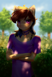 Size: 2000x2949 | Tagged: safe, artist:klooda, derpibooru import, oc, oc only, oc:agap, anthro, angry, anthro oc, blurry background, blushing, bush, day, femboy, forest, frown, halfbody, male, soft shading, solo, tsundere