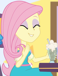 Size: 749x978 | Tagged: safe, screencap, fluttershy, better together, equestria girls, holidays unwrapped, beverage, canterlot, chair, clothes, cropped, cute, dashing through the mall, dress, drink, eyes closed, female, flower, geode of fauna, jewelry, magical geodes, mall, necklace, shyabetes, sitting, smiling, straw, table, waistband