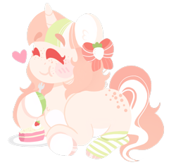 Size: 1600x1500 | Tagged: safe, artist:bubaiuv, oc, pony, unicorn, cake, clothes, female, food, fork, mare, prone, simple background, socks, solo, striped socks, transparent background