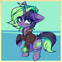 Size: 2200x2200 | Tagged: safe, artist:_spacemonkeyz_, oc, oc only, oc:plasma burst, pony, unicorn, fallout equestria, bomber jacket, chest fluff, clothes, fallout, female, grumpy, jacket, mare, pipboy, pipbuck, simple background, solo