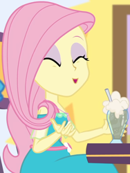 Size: 738x984 | Tagged: safe, screencap, fluttershy, better together, equestria girls, holidays unwrapped, beverage, canterlot mall, chair, clothes, cropped, cute, dashing through the mall, dress, drink, eyes closed, female, flower, geode of fauna, jewelry, magical geodes, mall, necklace, shyabetes, sitting, smiling, straw, table, waistband