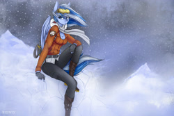 Size: 4500x3000 | Tagged: safe, artist:redwix, derpibooru import, oc, oc only, oc:falling skies, anthro, pegasus, anthro oc, breasts, cleavage, clothes, female, freckles, goggles, jacket, scarf, snow, snowfall, solo, ych result