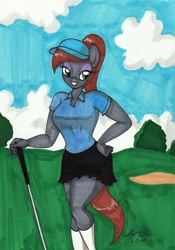 Size: 2045x2914 | Tagged: safe, artist:newyorkx3, oc, oc only, oc:casey, anthro, earth pony, plantigrade anthro, beautiful, cap, clothes, cloud, eyeshadow, female, golf, golf club, golf course, hat, makeup, miniskirt, ponytail, skirt, sky, socks, solo, sports, white socks