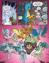 Size: 765x982 | Tagged: safe, artist:tonyfleecs, idw, gallus, ocellus, sandbar, silverstream, smolder, swift foot, yona, changedling, changeling, classical hippogriff, dragon, earth pony, griffon, hippogriff, pony, yak, spoiler:comic, spoiler:comicfeatsoffriendship03, cute, dialogue, diaocelles, flying, open mouth, smiling, speech bubble, student six, teenaged dragon, teenager, thracian