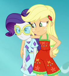 Size: 812x888 | Tagged: safe, screencap, applejack, rarity, better together, equestria girls, spring breakdown, arm around neck, bare shoulders, clothes, comforting, cropped, dress, geode of shielding, geode of super strength, magical geodes, shipping fuel, sleeveless, smiling, sunglasses, unhappy