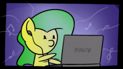 Size: 800x450 | Tagged: safe, artist:maneingreen, derpibooru import, oc, oc:plumette, pegasus, pony, animated, computer, female, gif, laptop computer, mare, music, music notes, pony (sony), solo