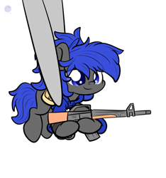 Size: 2400x2560 | Tagged: safe, artist:kimjoman, oc, oc only, oc:dream², pony, assault rifle, bag, clothes, cute, gun, holding a pony, hoodie, m16, ocbetes, ponytail, redraw, rifle, saddle bag, small pony, smiling, smol, tiny, tiny ponies, tweezers, watch, weapon