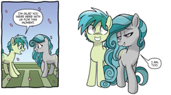 Size: 715x398 | Tagged: safe, artist:tonyfleecs, idw, sandbar, swift foot, earth pony, pony, spoiler:comic, spoiler:comicfeatsoffriendship03, comic, dork, female, flirting, male, official comic, seduction, shipping fuel, shrunken pupils, simple background, speech bubble, swiftbar, thracian, white background