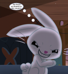 Size: 648x702 | Tagged: safe, edit, edited screencap, screencap, angel bunny, rabbit, fugitive flowers, g1, scare master, animal, cropped, evil grin, fluttershy's cottage, g1 to g4, generation leap, grin, implied flories, male, smiling, solo, thought bubble