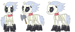 Size: 7459x3222 | Tagged: safe, alternate version, artist:sketchmcreations, derpibooru import, skellinore, pony, skeleton pony, the break up breakdown, ascot, axe, bone, boots, commission, reference sheet, shoes, simple background, skeleton, transparent background, vector, weapon