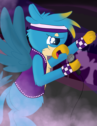 Size: 2550x3300 | Tagged: safe, artist:skyflys, gallus, griffon, cheek fluff, chest fluff, clothes, male, punk, singing, solo, spread wings, teenager, wings
