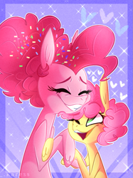 Size: 899x1200 | Tagged: safe, artist:raresse, li'l cheese, pinkie pie, earth pony, pony, the last problem, eyes closed, female, filly, happy, mother and child, mother and daughter, older, older pinkie pie, parent and child, smiling, wingding eyes