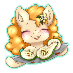 Size: 688x688 | Tagged: safe, artist:tokokami, derpibooru import, pear butter, earth pony, pony, blushing, cute, eyes closed, female, food, mare, pear, pearabetes, simple background, smiling, solo, transparent background