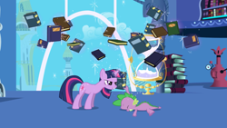 Size: 2880x1619 | Tagged: safe, screencap, spike, twilight sparkle, unicorn twilight, dragon, pony, unicorn, friendship is magic, book, duo, face down, faceplant, female, garyfier, hourglass, magic, male, mare, telekinesis, twilight's canterlot home