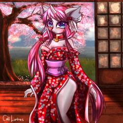 Size: 4096x4096 | Tagged: safe, artist:caliluminos, derpibooru exclusive, derpibooru import, oc, oc only, oc:aine, anthro, unicorn, absurd resolution, anthro oc, bell, bell collar, clothes, collar, digital art, dress, female, kimono (clothing), mare, signature, solo, tree