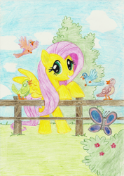 Size: 1500x2121 | Tagged: safe, artist:r1nkaenbyou, fluttershy, bird, butterfly, pegasus, pony, bush, female, fence, flower, grass, looking at you, mare, solo, traditional art