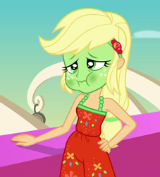 Size: 980x1079 | Tagged: safe, screencap, applejack, better together, equestria girls, spring breakdown, cropped, geode of super strength, green face, hand on hip, magical geodes, puffy cheeks, seasickness, sleeveless