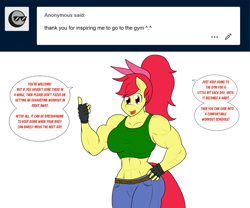 Size: 2048x1701 | Tagged: safe, artist:matchstickman, apple bloom, anthro, earth pony, abs, apple bloom's bow, apple bloomed, apple brawn, biceps, bow, breasts, clothes, comic, deltoids, dialogue, female, fingerless gloves, gloves, hair bow, hand on hip, jeans, looking at you, mare, matchstickman's apple brawn series, midriff, muscles, older, older apple bloom, pants, pecs, simple background, solo, speech bubble, sports bra, talking to viewer, tumblr comic, tumblr:where the apple blossoms, white background