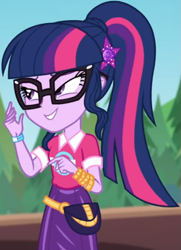 Size: 591x818 | Tagged: safe, screencap, sci-twi, twilight sparkle, better together, equestria girls, sunset's backstage pass!, clothes, collar, cropped, cute, female, forest, forest background, geode of telekinesis, glasses, hairclip, lidded eyes, logo, magical geodes, music festival outfit, ponytail, pouch, shirt, short sleeves, skirt, smiling, twiabetes, wrist wraps