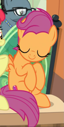 Size: 385x759 | Tagged: safe, screencap, apple bloom, scootaloo, earth pony, pegasus, pony, growing up is hard to do, cropped, cute, cutealoo, cutie mark, down under, eyes closed, female, mare, offscreen character, older, older apple bloom, older scootaloo, sitting, smiling, solo focus, the cmc's cutie marks