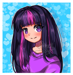 Size: 881x907 | Tagged: safe, artist:hiyori-yamada, twilight sparkle, human, abstract background, anime, anime style, bust, female, girly, humanized, messy hair, solo